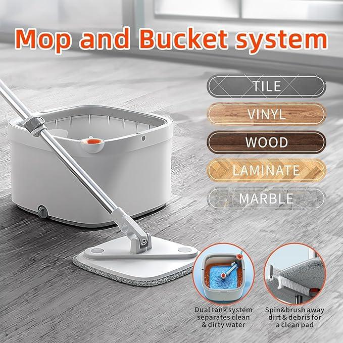 KZKR Spin Mop and Bucket Set with Self Separation Dirty and Clean Water System, Self Wringing 360° Rotating Square Mop Head for Home Floors Cleaning (1.0 Mop and Bucket Set (14 Pads)) - NeatNest