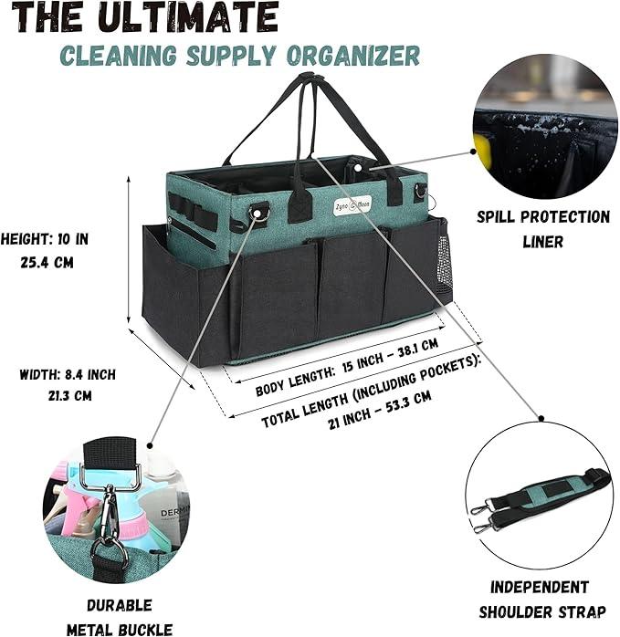 Wearable Cleaning Caddy – Portable Detailing Organizer with Spill-Proof Liner, Straps & Handles – Large Tote for Cleaning Pros, Auto Detailers, and Housekeepers – Green/Gray - NeatNest