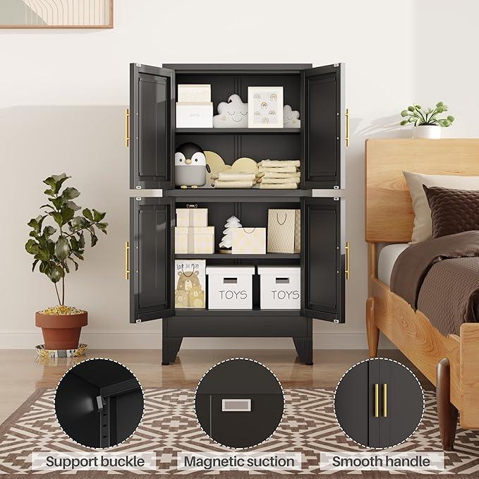 47“H Black Metal Bathroom Storage Cabinet, Kitchen Pantry Cabinet with Doors and 3 Adjustable Shelves, Bathroom cabinets Organizer, for Home Office, Bedroom - NeatNest