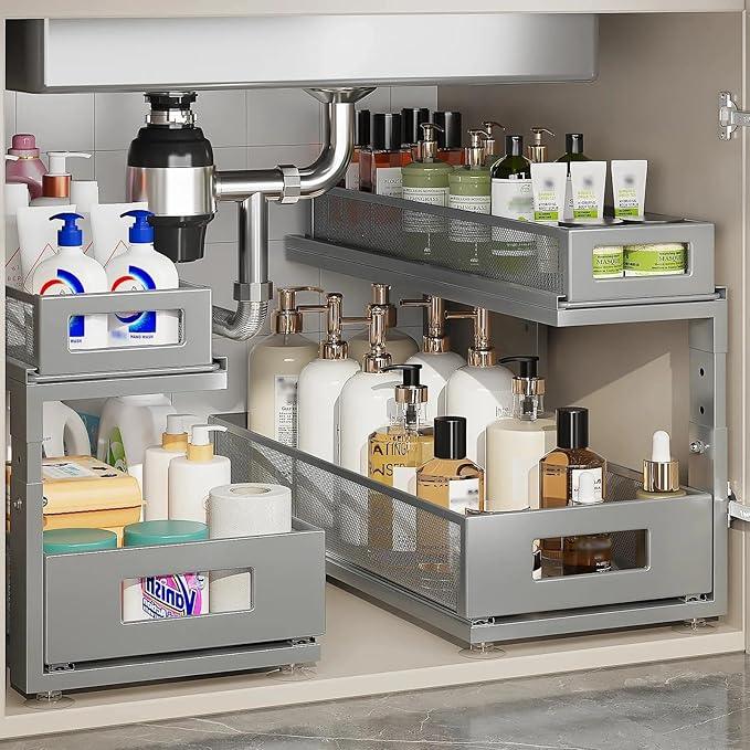 2 Pack 18.5IN-Depth Under Sink Organizer With Next-Gen Ball-Bearing Slides,2-Tier Pull Out Cabinet Storage,Height Adjustable Drawer Shelf for Bathroom,Kitchen,Laundry,Cabinet,Pantry-Gun Gray - NeatNest