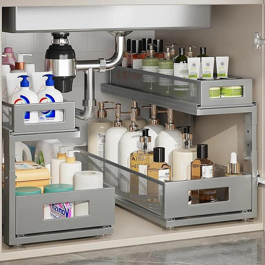 2 Pack 18.5IN-Depth Under Sink Organizer With Next-Gen Ball-Bearing Slides,2-Tier Pull Out Cabinet Storage,Height Adjustable Drawer Shelf for Bathroom,Kitchen,Laundry,Cabinet,Pantry-Gun Gray - NeatNest
