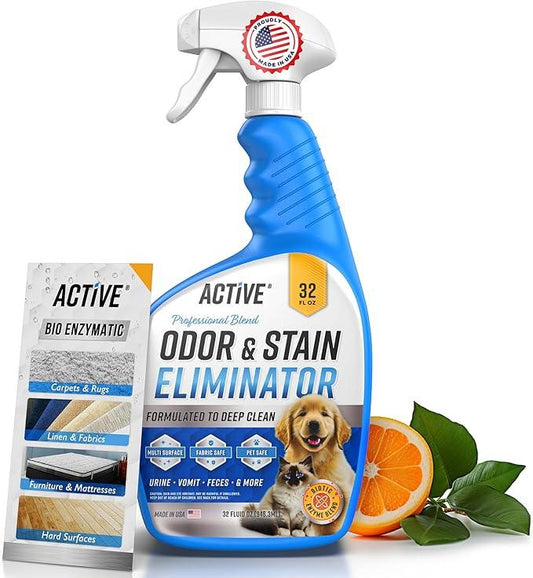 Pet Odor and Stain Eliminator - 32 oz ACTIVE Enzyme Cleaner for Dog & Cat Urine, Stain Remover Spray for Carpet, Upholstery, Hardwood, Spot Cleaning, Deodorizer for Dogs Cats Pets - Natural Citrus Oil - NeatNest