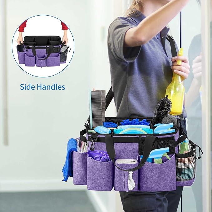 LoDrid Wearable Cleaning Caddy Bag with 4 Foldable Dividers, Cleaning Supply Tote for Cleaning Supplies, Cleaning Organizer with Shoulder Strap and Side Handles for Cleaners & Housekeepers, Purple - NeatNest