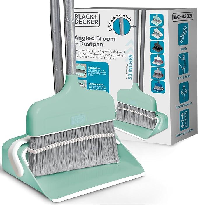 BLACK+DECKER Butler Broom & Dustpan Set - Short Handle, Stand-Up Design - Lightweight, Space-Saving Combo for Kitchen, Living Room, Bathroom, Lobby Floors - Home Cleaning Essential, Teal/Grey - NeatNest