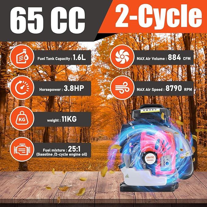 65CC Backpack Gas Powered Leaf Blower 884 CFM 3.8 HP 2-Cycle Grass Lawn Blower Air Cooling, Low Vibration and Ergonomic Design for Outdoor Gard Yard Cleaning and Snow Removal - NeatNest