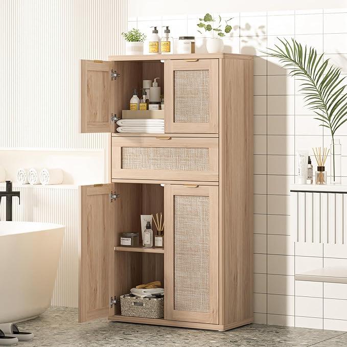 LEYAOYAO 48" Tall Storage Cabinet Set of 2,Rattan Bathroom Floor Cabinets with 4 Doors & 1Drawer,Boho Kitchen Pantry with Adjustable Shelves,Wooden Cupboard for Living Room,Home Office,Natural Wood - NeatNest