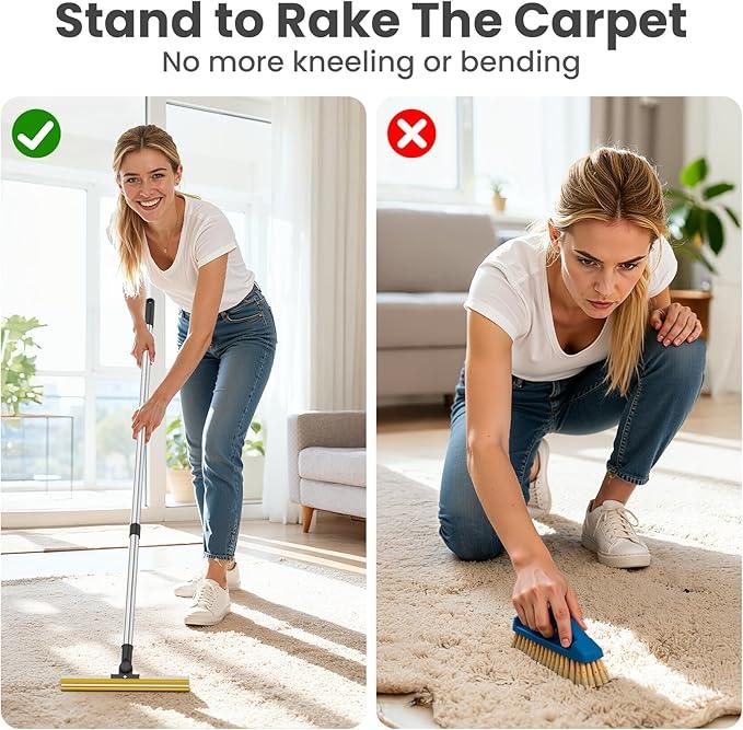 3 in 1 Carpet Rake for Pet Hair Removal, Tool Set of 3, 55” Long Handle Carpet Pet Hair Removal Carpet Scraper Dog Cat Hair Remover for Sofa, Couch, Car, Rug (Black) - NeatNest