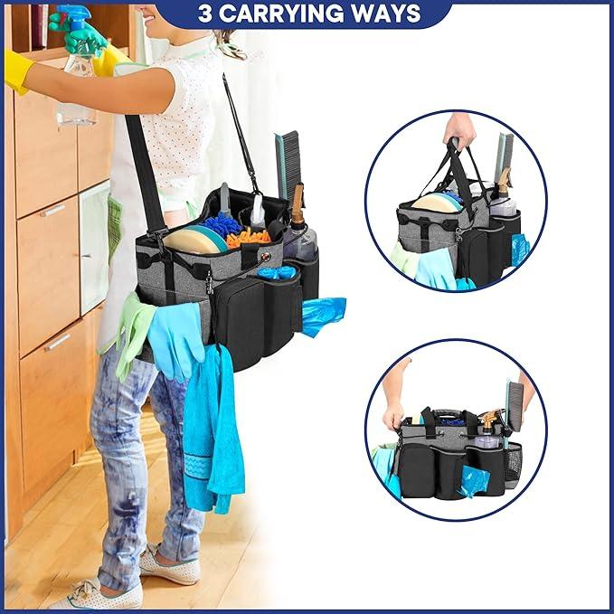LoDrid Large Professional Cleaning Caddy with Detachable Divider, Supply Organizer with Handle and Shoulder Strap, Cleaning Bags for Housekeepers & Cleaners, Black - NeatNest