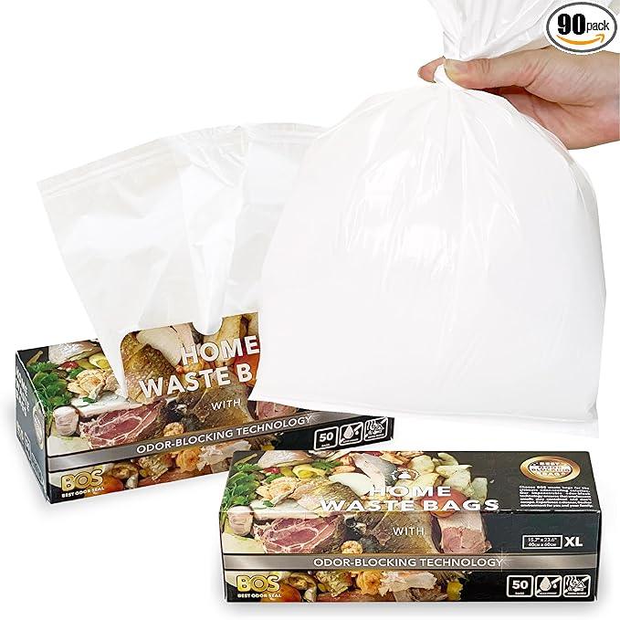 BOS Odor-Sealing Kitchen, Home & Food Small Trash Bags for Waste- Disposable Bags - Scent & Smell Free (50 Bags) [Size XL, Color White] (Pack of 2) - NeatNest