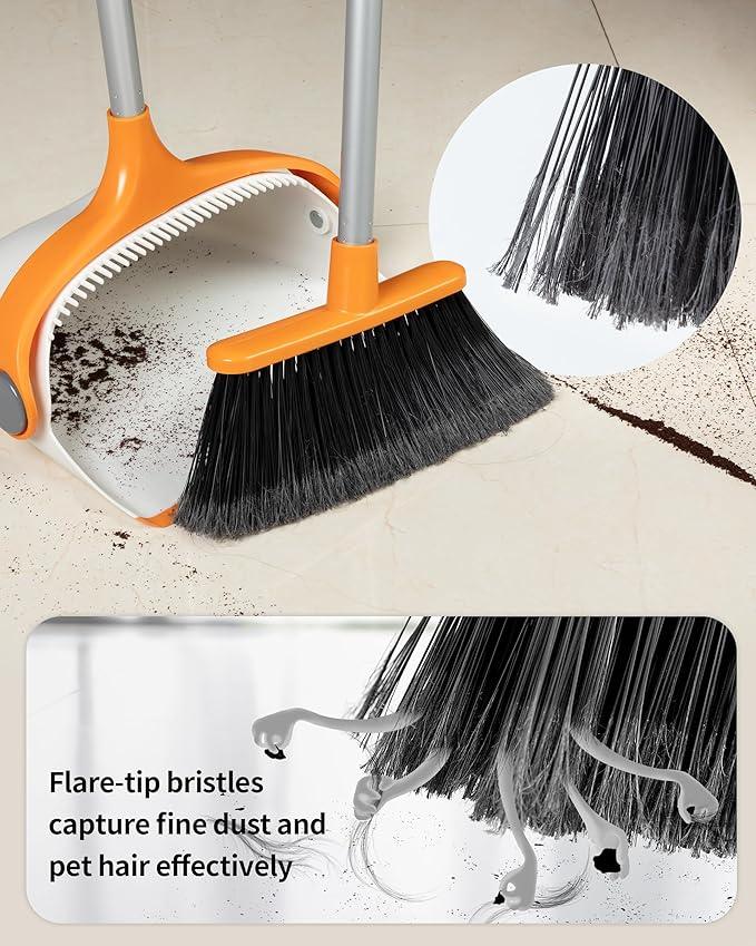 MR.SIGA Broom and Dustpan Set with Long Handle, Stand Upright Broom with Dustpan Combo for Cleaning Office, Garage, Lobby, Lightweight Sweeping Set, 51.7"(131 cm) Long Handle, White & Orange - NeatNest