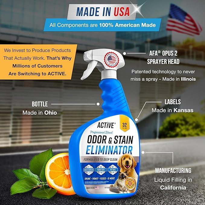Pet Odor and Stain Eliminator - 32 oz ACTIVE Enzyme Cleaner for Dog & Cat Urine, Stain Remover Spray for Carpet, Upholstery, Hardwood, Spot Cleaning, Deodorizer for Dogs Cats Pets - Natural Citrus Oil - NeatNest