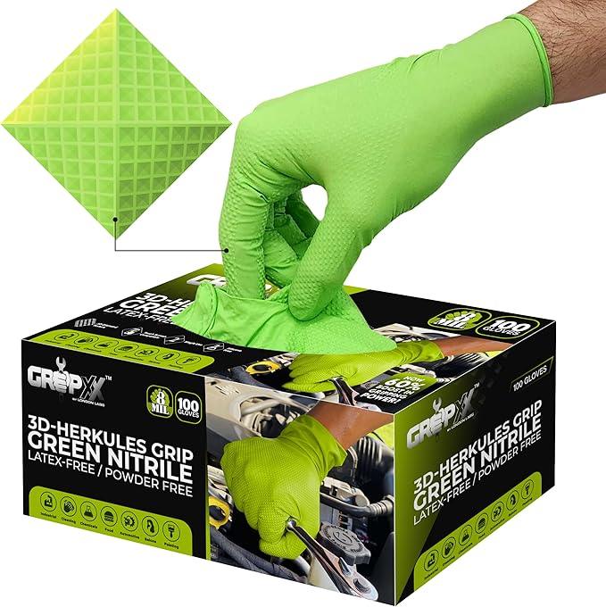 Herkules Grip Heavy Duty 8Mil Green Nitrile Gloves,3D Raised Diamond Texture-Latex & Powder Free-Industrial, Mechanic | Pack of (100 CT) - NeatNest