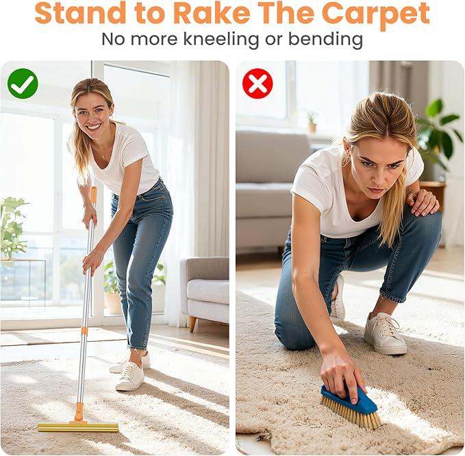 3 in 1 Carpet Rake for Pet Hair Removal, Tool Set of 3, 55” Long Handle Carpet Pet Hair Removal Carpet Scraper Dog Cat Hair Remover for Sofa, Couch, Car, Rug (Orange) - NeatNest