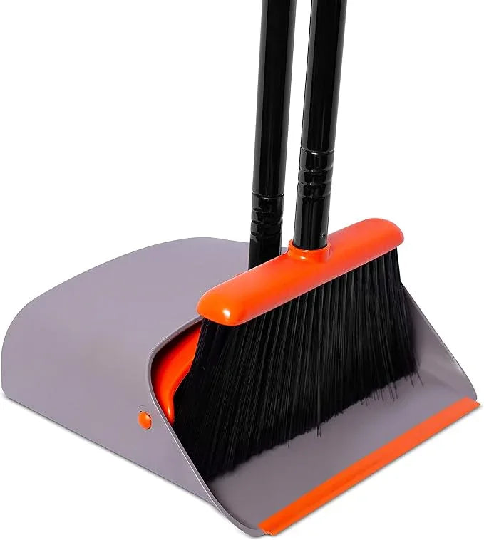 BirdRock Home Broom and Dustpan Set - Lobby Dust Pan - Orange and Grey Durable Set - Indoor or Outdoor - Sweep Combo Great for Kitchen, Home, Garage and Office - Clip On Self Cleaning Bristles - NeatNest