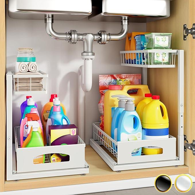 Under Sink Organizer, 2 Pack Height Adjustable Cabinet Organizer with Slide Out Drawer, Pull Out Under Sink Storage, Multi-Purpose 2 Tier Sink Shelves for Kitchen Bathroom Pantry (White, 2 Pack) - NeatNest
