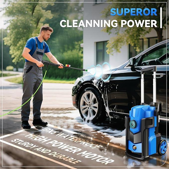 Pressure Cleaner, 5000 PSI 4.0 GPM Heavy Duty Power Cleaner, with 4 Nozzles,Foam Cannon,33FT Hose Reel and 500ml Soap Bottle for Home/Cars(Blue) - NeatNest