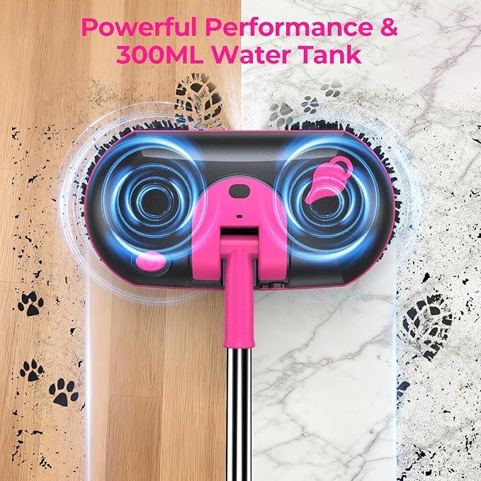 ScrubWiz Electric Spin Mop with Water Sprayer, Cordless Self-Propelled Floor Cleaner for Hardwood & Tile, Quiet Cleaning, Adjustable Handle, 2500mAh Long-Lasting Battery, 300ml Tank, Pink - NeatNest