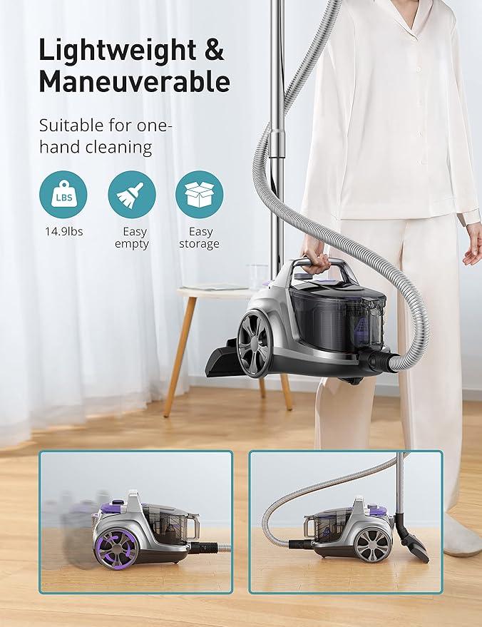 Aspiron Canister Vacuum, Upgraded 1600W Bagless Canister Vacuum Cleaner, Auto Cord Rewind, H13 HEPA Filter, 3.7Qt Large Capacity, 5 Tools for Hard Floors, Carpet, Pet, Upholstery, Tiles, Lilac - NeatNest
