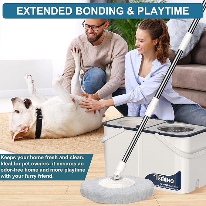 Gen 1 Large-Capacity Spin Mop and Bucket – for Big Homes & Deep Cleaning Days,4-Chamber System Separates Dirty & Clean Water, 2-GAL Heavy-Duty Design with Wheels & 10 Refill Mop Heads - White/Blue - NeatNest