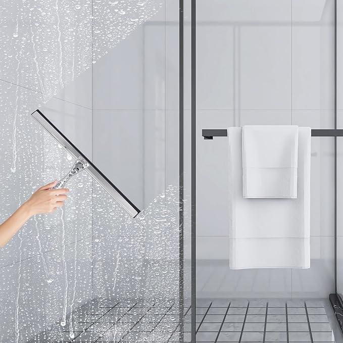 All-Purpose Silicone Shower Squeegee for Shower Glass Door,with 1 Hooks,for Bathroom Glass, Car, Tile Wall, Mirror Cleaning - Flower Shaped Handle for Easy-Grip 14 Inch Silver - NeatNest
