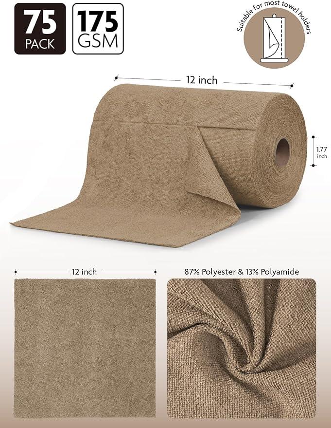 Fantasticlean Microfiber Cleaning Cloth Roll -75 Pack, Tear Away Microfiber Towels, 12" x 12", Reusable, Washable, Scratch Free, Ultra Absorbent for Car, Home Supplies (TAN) - NeatNest