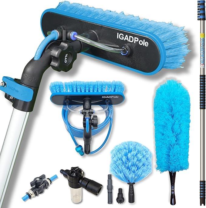 IGADPole 17 FT Water-Fed Cleaning Kit – Extendable Telescopic Pole with Soap-Dispenser, Brush & Cobweb Duster, Adjustable 5-17 FT Handle for Safe High Window, Gutter, Solar Panel & Exterior Cleaning - NeatNest