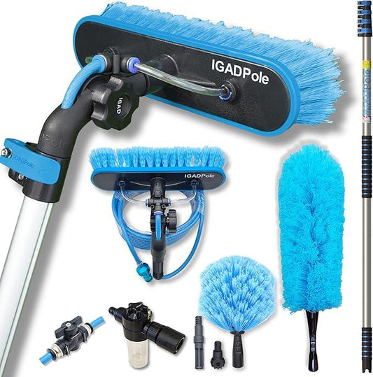IGADPole 17 FT Water-Fed Cleaning Kit – Extendable Telescopic Pole with Soap-Dispenser, Brush & Cobweb Duster, Adjustable 5-17 FT Handle for Safe High Window, Gutter, Solar Panel & Exterior Cleaning - NeatNest