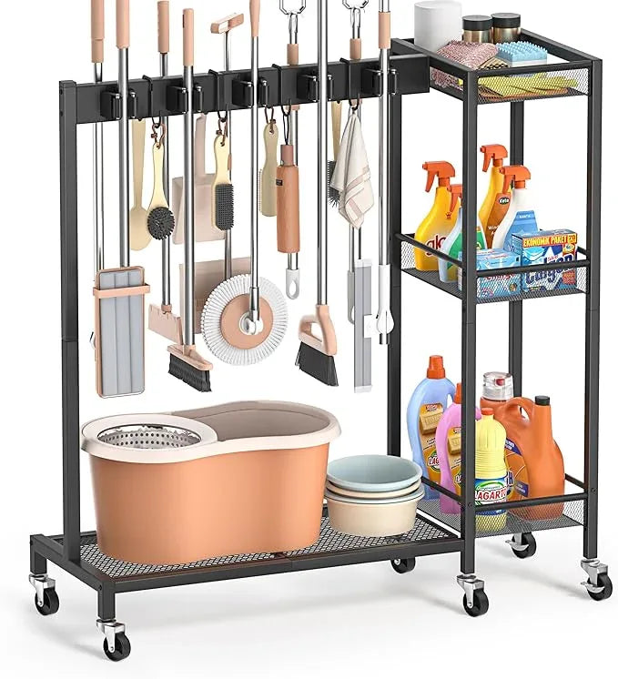 Broom Holder with Cleaning Supplies Organizer, Broom Closet Storage Cabinet with Cleaning Caddy, Cleaning Cart with Mop Hanger Gripper Rack Hooks,Janitorial Housekeeping cart,Laundry Room Organization - NeatNest