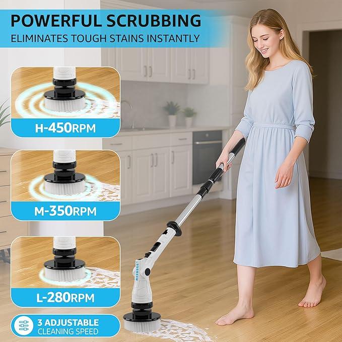 Electric Spin Scrubber – Cordless Power Cleaner with 8 Brush Heads, Long Adjustable Handle, 3 Speed for Deep Bathroom, Tile, Floor & Tub Cleaning, 6-Angle Adjustable - NeatNest