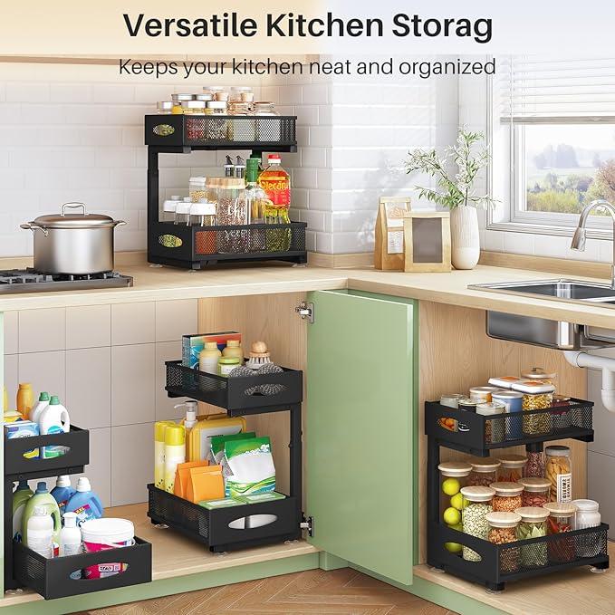 Under Sink Organizer, 2 Pack 2 Tier Pull out Cabinet Organizer Baskets with Mesh Sliding Drawers, Slide out Sink Storage Shelves for Home, Kitchen, Bathroom, Pantry, Office Organizers and Storag,Black - NeatNest