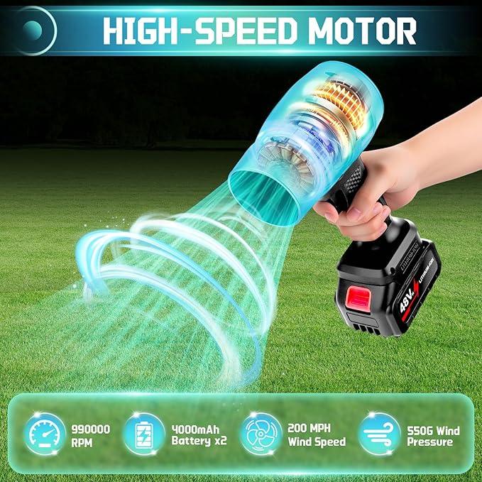 Leaf Blower Cordless Handheld Dust Cleaner, 990000RPM Portable Electric Leaf Blowers with 2 x 4000mAh Batteries, High-Speed Turbo Jet Blower for Patio Cleaning, Lawn Care, Leaves (Black) - NeatNest