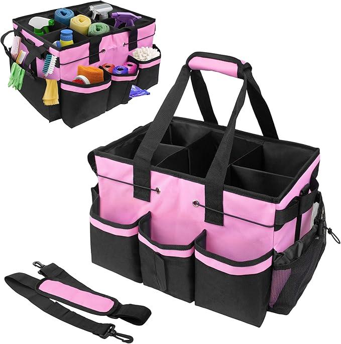 ZKOO Large Cleaning Caddy Bag with Handle, Built-in Sturdy Support Board, Adjustable Shoulder Strap, Multi-compartment Design Cleaning Supply Tote for Cleaners & Housekeepers (Pink) - NeatNest