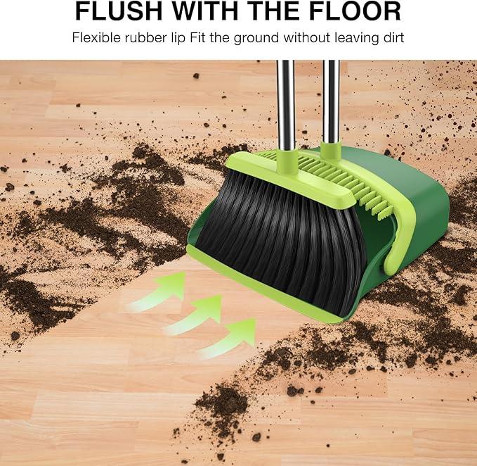 Broom and Dustpan Set, 52-in Long Adjustable Handle Broom Dustpan Combo with Dust pan Teeth to Automatically Clean Hair Suitable for Home Kitchen Office Hall Floor（Green） - NeatNest