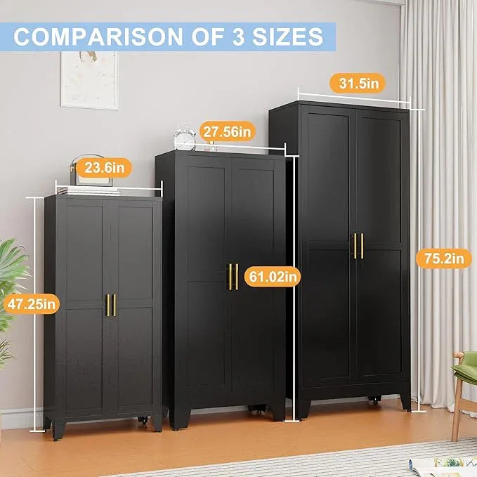 Black Metal Storage Cabinet, 48" Steel Cabinets for Home Office, Kitchen Pantry Storage Cabinet with Doors and 3 Adjustable Shelves, for Office, Home, Garage, School - NeatNest