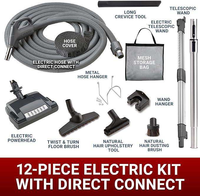 Central Vac Carpet & Bare Floor Electric Direct Connect Attachment Set for Cleaning Carpets, Hardwood Floors, Furniture & Draperies - 30FT Hose, Twist & Turn Brush, Electric Brush, Wands & Storage Bag - NeatNest