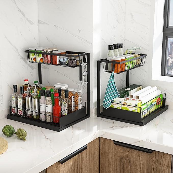 REALINN Under Sink Organizer, 2 Pack Height Adjustable Kitchen Organizers and Storage, 2 Tier Pull Out Sliding Cabinet Storage, Multi-Use for Kitchen Bathroom Cabinet - NeatNest
