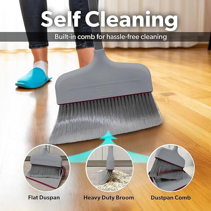 BLACK+DECKER Butler Broom & Dustpan Set - Stand-Up Design - Lightweight, Space-Saving Combo for Kitchen, Living Room, Bathroom, Lobby Floors - Home Cleaning Essential, Light Gray/Burgundy - NeatNest
