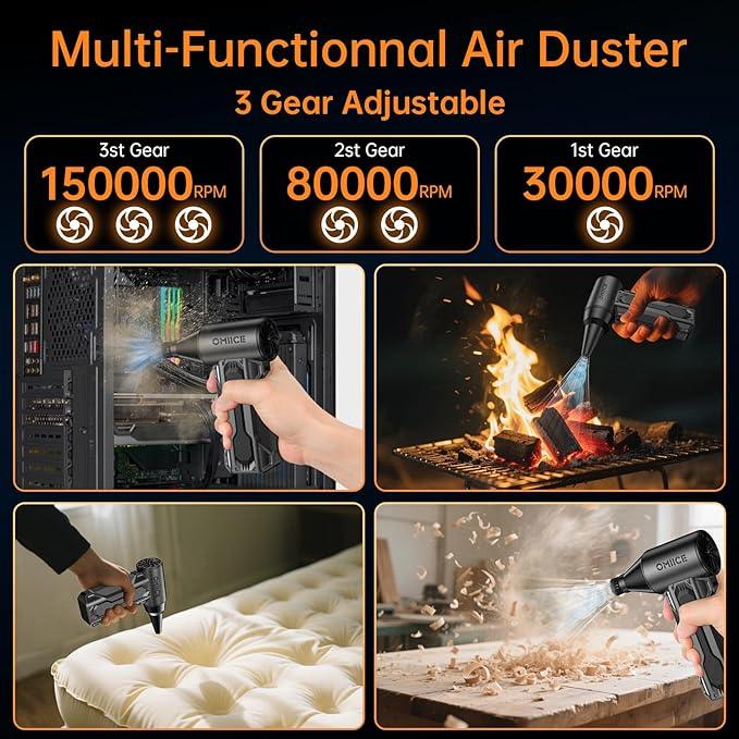Compressed Air Duster, 150000RPM Electric Air Duster with 3 Gear Speed Adjustable, Rechargeable Cordless Dust Cleaner with Brush/Lighting for Keyboard, PC, Car, Outdoor, Air Bed - NeatNest