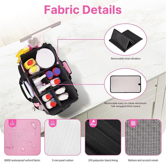 Large Wearable Cleaning Caddy Bags,Cleaning Supplies Storage Bag with Handles and Adjustable Shoulder Strap and Removable Waist Straps,Waterproof Cleaning Bags for Home,Car,Office (Pink) - NeatNest