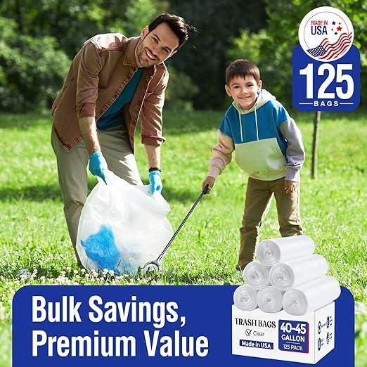 Delxo 40-45 Gallon Clear Trash Bags, 125 Count – Medium Duty Garbage Bags, Thick, Durable & Puncture-Resistant Plastic Can Liners– Made in USA for Kitchen, Yard & Commercial Use - NeatNest
