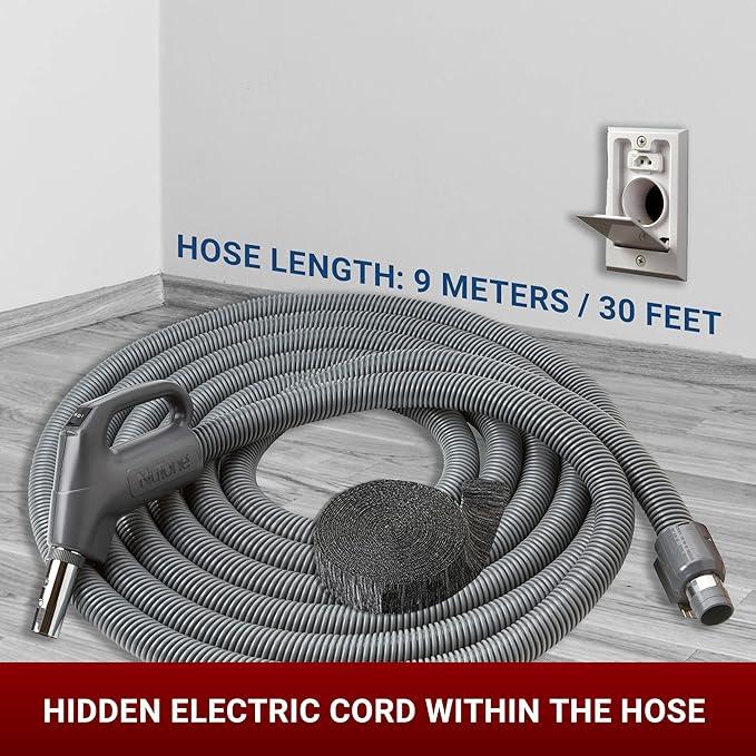 Central Vac Carpet & Bare Floor Electric Direct Connect Attachment Set for Cleaning Carpets, Hardwood Floors, Furniture & Draperies - 30FT Hose, Twist & Turn Brush, Electric Brush, Wands & Storage Bag - NeatNest
