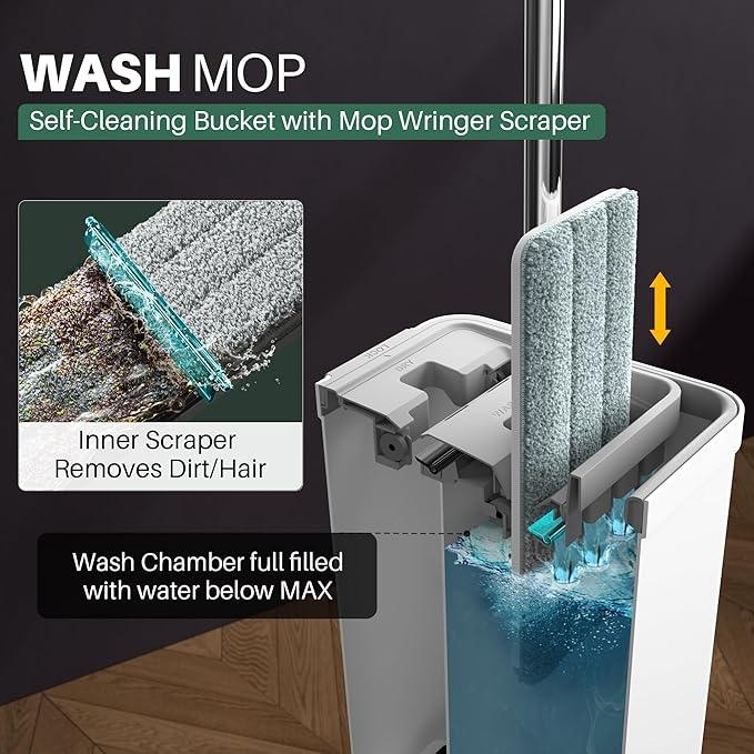 JOYMOOP Mop and Bucket Set with Wringer, Flat Mops for Floor Cleaning, Wall Mop Cleaner with Long Handle, Hardwood Floor Mop with 4 Microfiber Pads - NeatNest