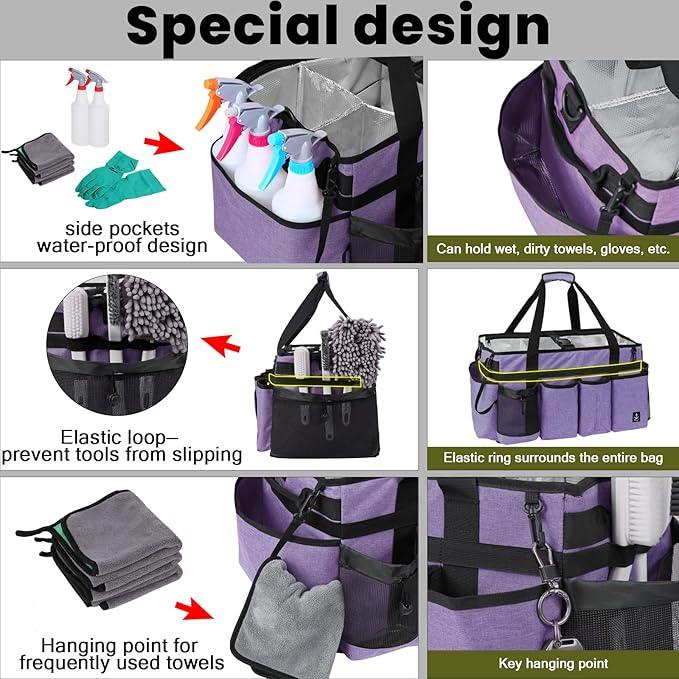 Extra large Cleaning Caddy Bag Built-in Sturdy Support Board, Cleaning Organizer with Detachable Divider, Cleaning Supply Tote with Adjustable Shoulder Strap (Purple, 19'' x 11'' x 11'') - NeatNest