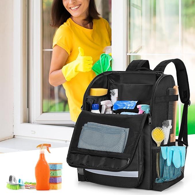 LoDrid Cleaning Bag with Thickened Adjustable Shoulder Straps, Large Cleaning Caddy Organizer with Multiple Pockets for Cleaning and Housework, Black (Patent Designed) - NeatNest