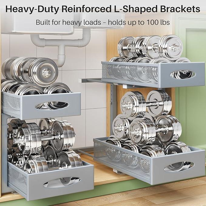 Under Sink Organizer, 2 Pack 2 Tier Pull out Cabinet Organizer Baskets with Mesh Sliding Drawers, Slide out Sink Storage Shelves for Home, Kitchen, Bathroom, Pantry, Office Organizers and Storag,Grey - NeatNest