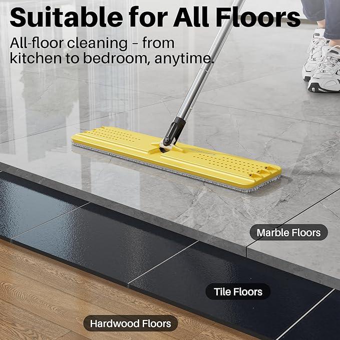 JOYMOOP Industrial Mop and Bucket Set, 17.7-inch Dust Mops for Floor Cleaning, Flat Mop Bucket with Wringer, Include 3 Reusable Microfiber Mop Pads - Yellow - NeatNest
