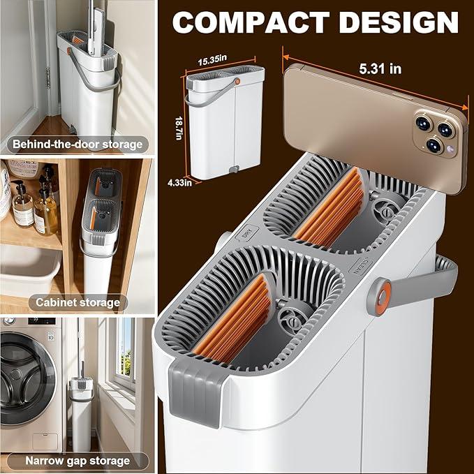 Flat Mop and Bucket System - Mop and Bucket with Wringer Set for Home | Wet Dry Mop for Apartment, Tiny Home, Windows, Wall, Hardwood Floor, RV with 6 Reusable Microfiber Cloth - NeatNest