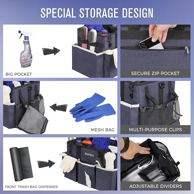 Wearable Caddy Bag, Cleaning Supplies Organizer With Handle & Shoulder Straps for Housekeepers, Under Sink & Car Tool Organizers With 4 Foldable Divider (NavyBlue) - NeatNest
