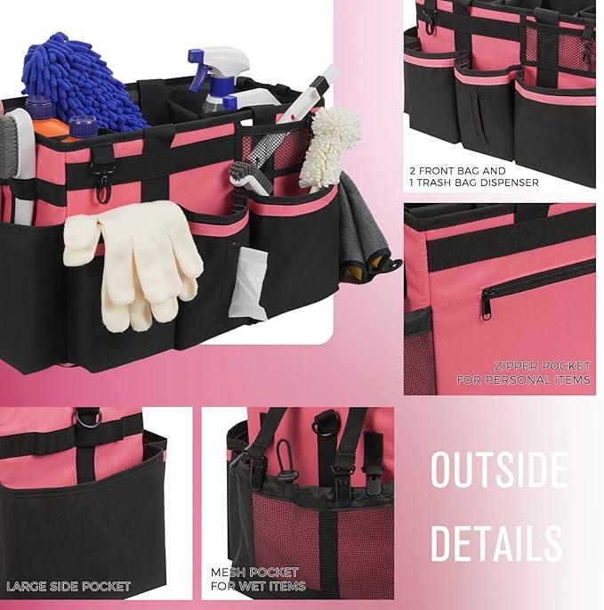 Wearable Cleaning Caddy, Cleaning Caddy Supplies Organizer with Handle & Shoulder Straps for Housekeepers, Under Sink & Car Cleaning Tool Organizers Bag with 4 Foldable Divider (OleanderRed) - NeatNest