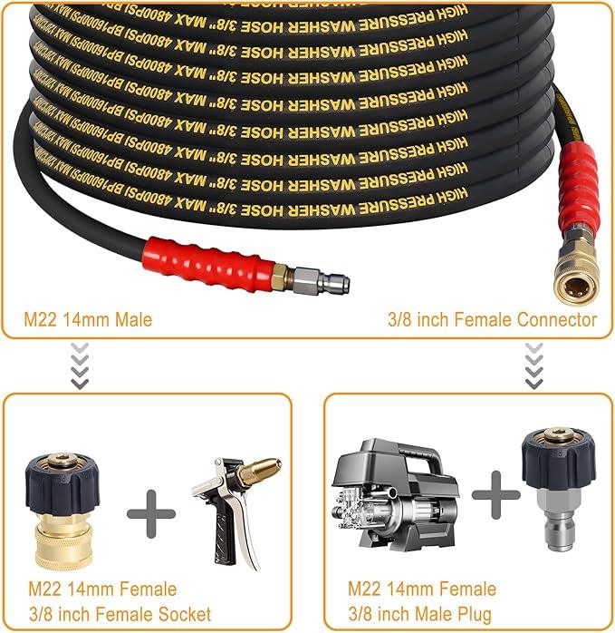 3/8" Pressure Washer Hose 100ft -Black 4800 PSI Kink Resistant Steel Wire Braided Industrial Grade Power Washer Hose for Hot/Cold Water up to 248°F with 2 M22 14mm Quick Connect Ends and Adapters Kits - NeatNest